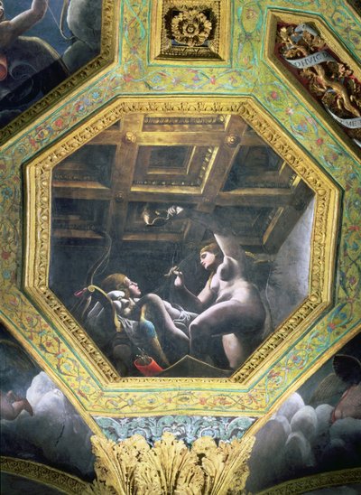 Psiche vede Cupido mentre dorme, cassetta del soffitto dalla Sala di Amore e Psiche, 1528 da Giulio Romano